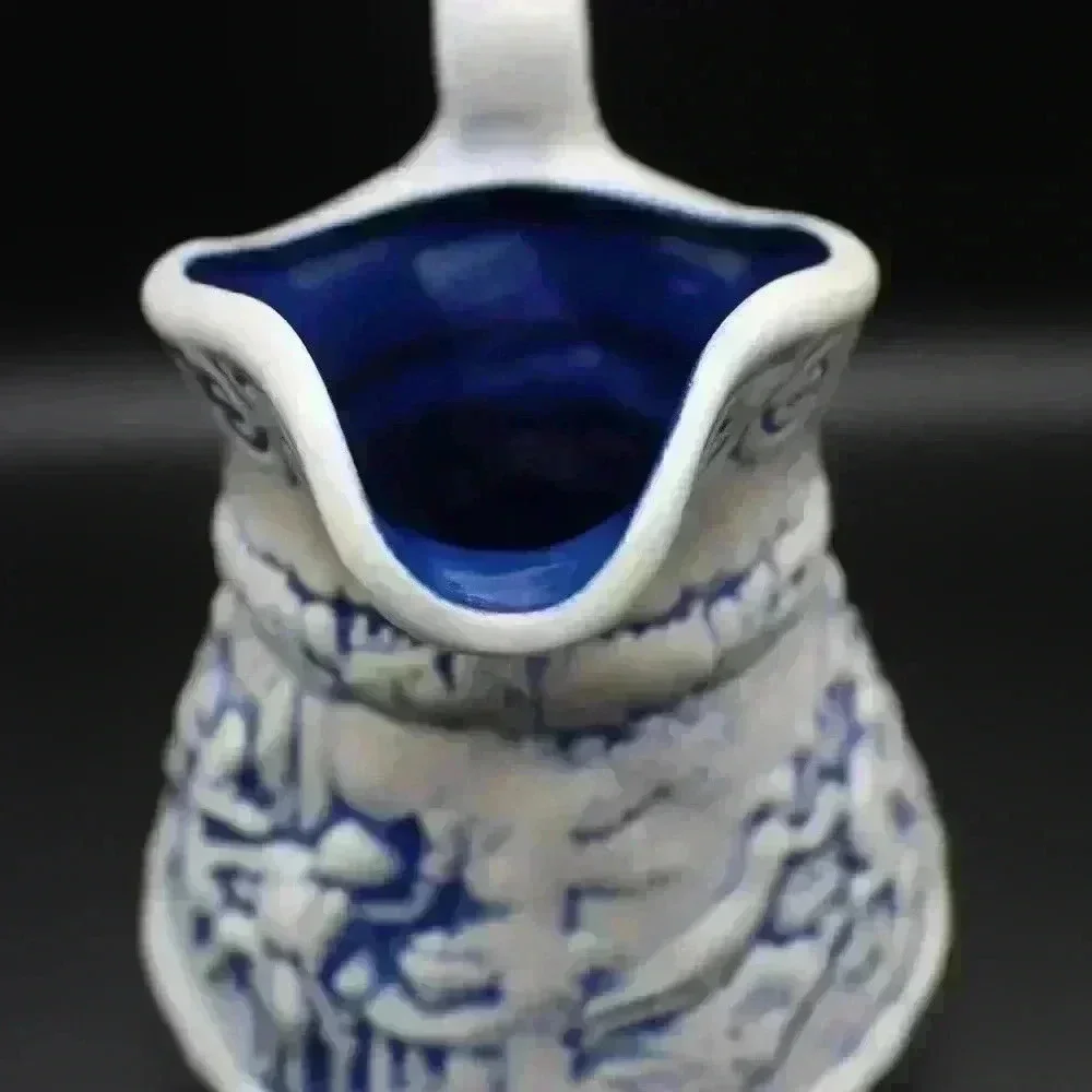 VINTAGE SIGNED CERAMIC POTTERY PITCHER JUG BLUE WASHED/RELIEF TAVERN SCENE